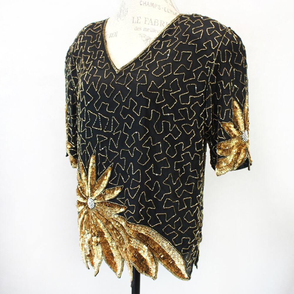 Mark & John II Vintage Glam 80's 100% Silk Embroidered Gold Beads Floral Lined M